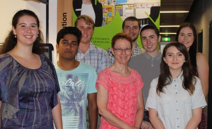 Head of School of Education Professor Merrilyn Goos with (left to right) students Emily Muller, Vishael Narayan, Jordan Duncombe, Eamonn O’Loughlin, Jarrod Golltz, Tessa Hogan and Chelsea Iddon